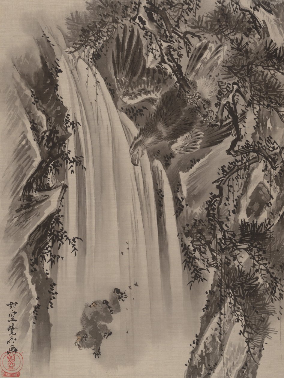 Vandfald, ørn og abe, ca. 1887. af Kawanabe Kyosai