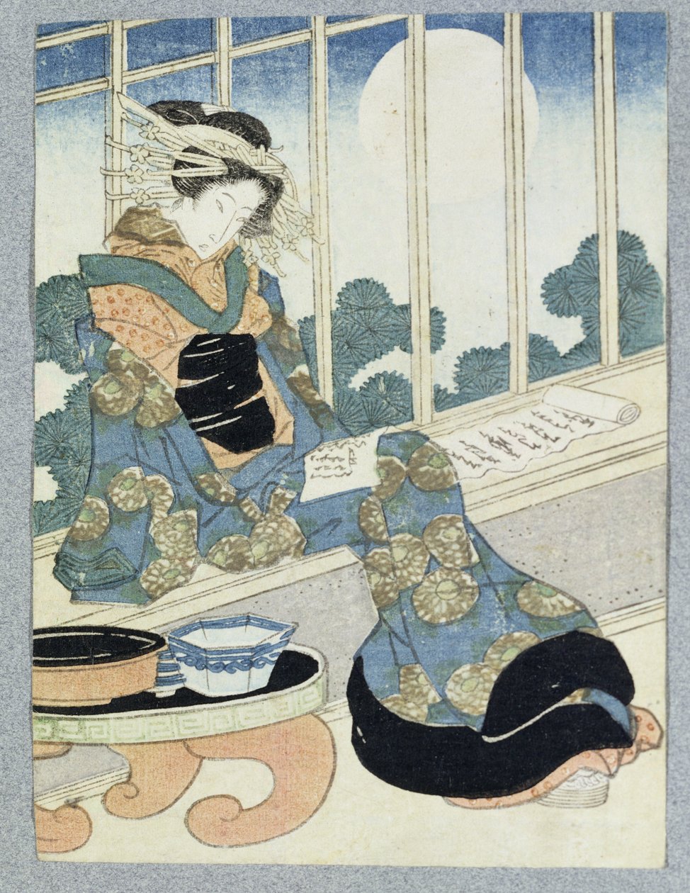 Japanese Lady Reading by Moonlight (træbloktryk) af Keisai Yeisen