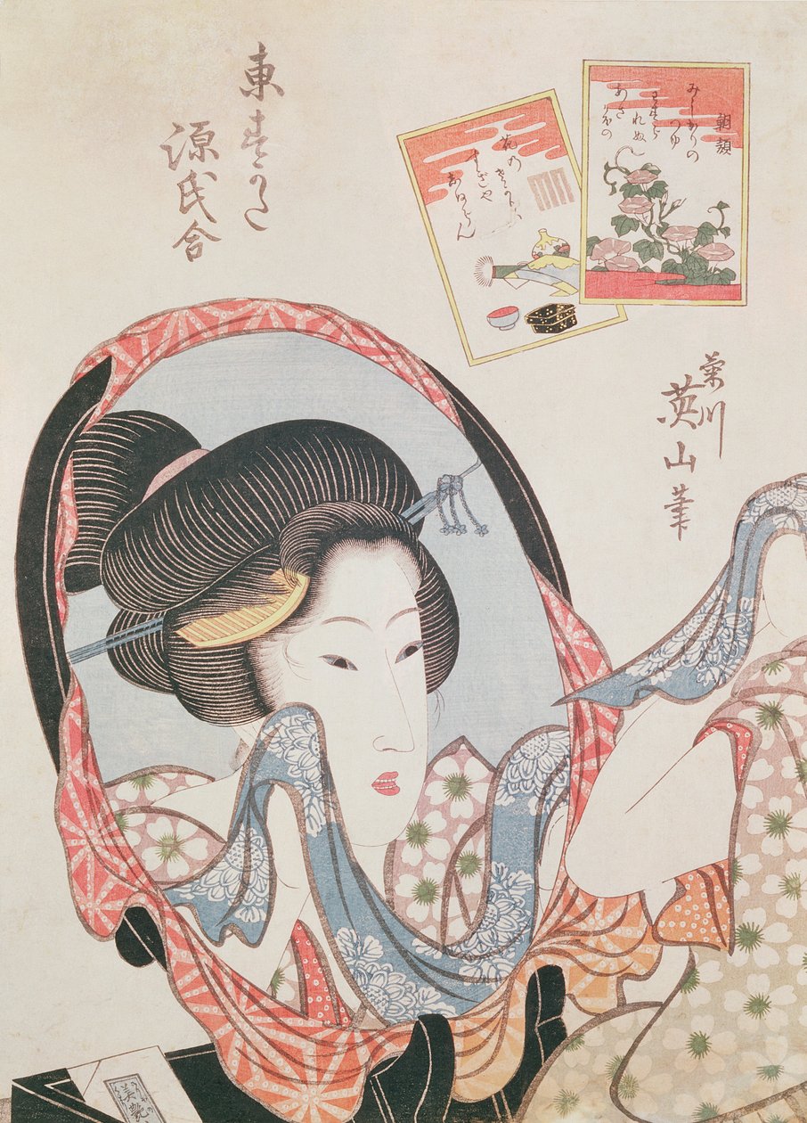 Woman at her Mirror, udgivet ca. 1830 (oban størrelse farve træblok print) af Kikukawa Eizan