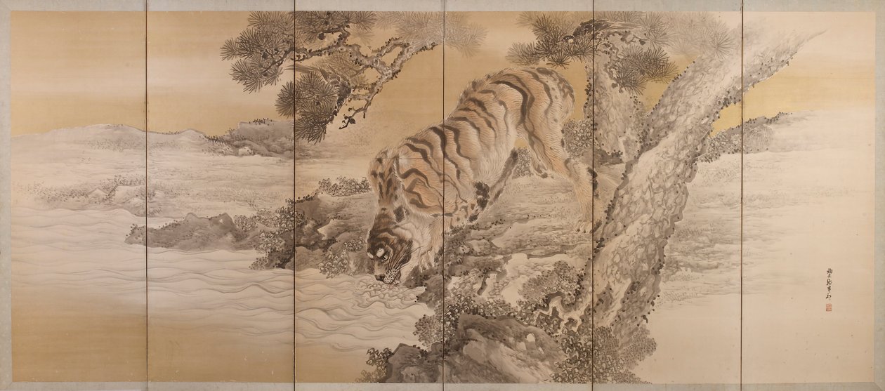 Seksfoldet skærm forestillende en drikkende tiger, 1749-1838 af Kishi Ganku
