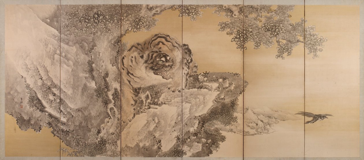 Seksfoldet skærm, der forestiller en brølende tiger, 1749-1838 af Kishi Ganku