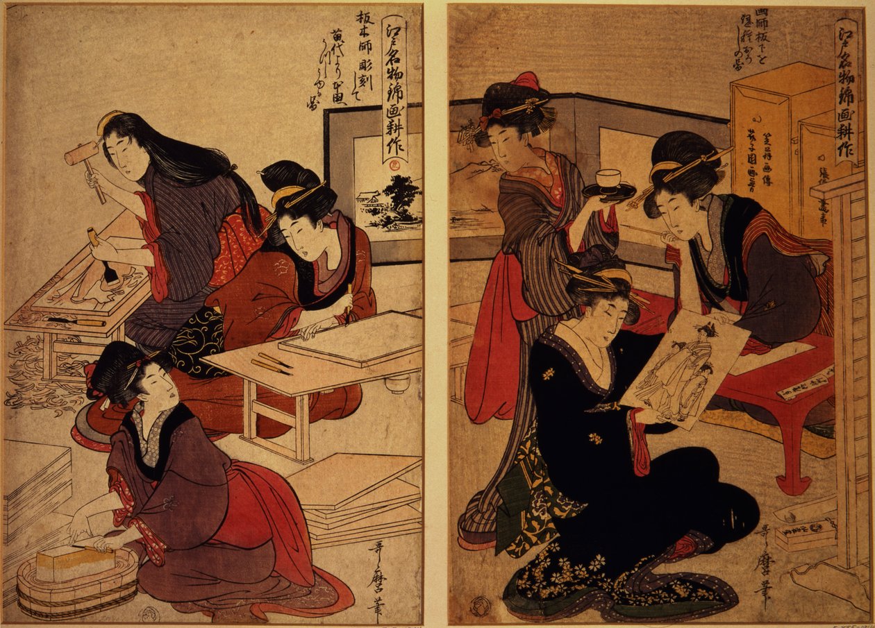 Håndværkere laver et træsnit, ca. 1857 (farvet træblok) af Kitagawa Utamaro