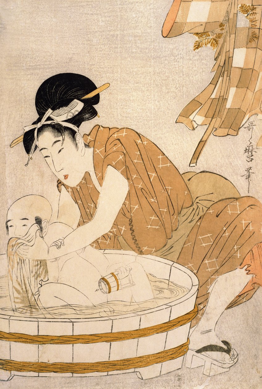 Badet, Edo-perioden (1603-1868) (farvet træsnit) af Kitagawa Utamaro