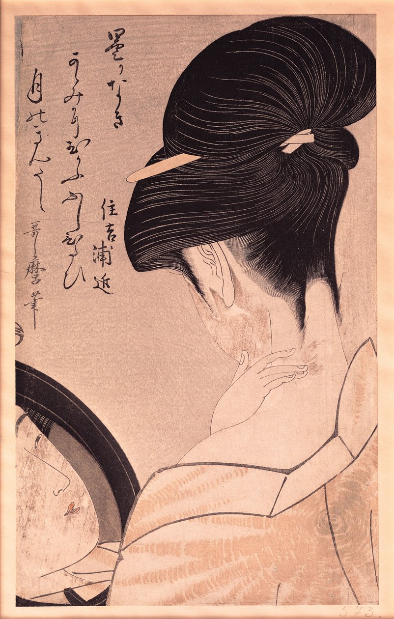 Kvinde, der sminker sig (træblok i farver) (se også 253101) af Kitagawa Utamaro