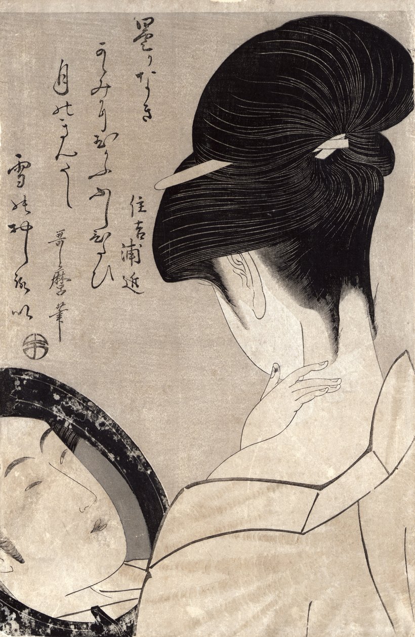 Ung kvinde, der lægger make-up, ca. 1795-96 (farvet træbloktryk) (se også 159179) af Kitagawa Utamaro