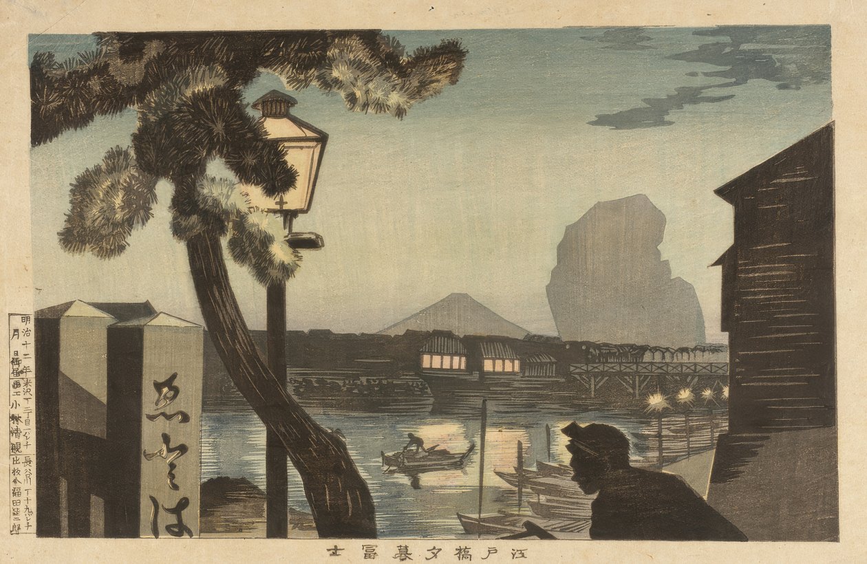 Fuji-bjerget i skumringen fra Edo-broen af Kiyochika Kobayashi