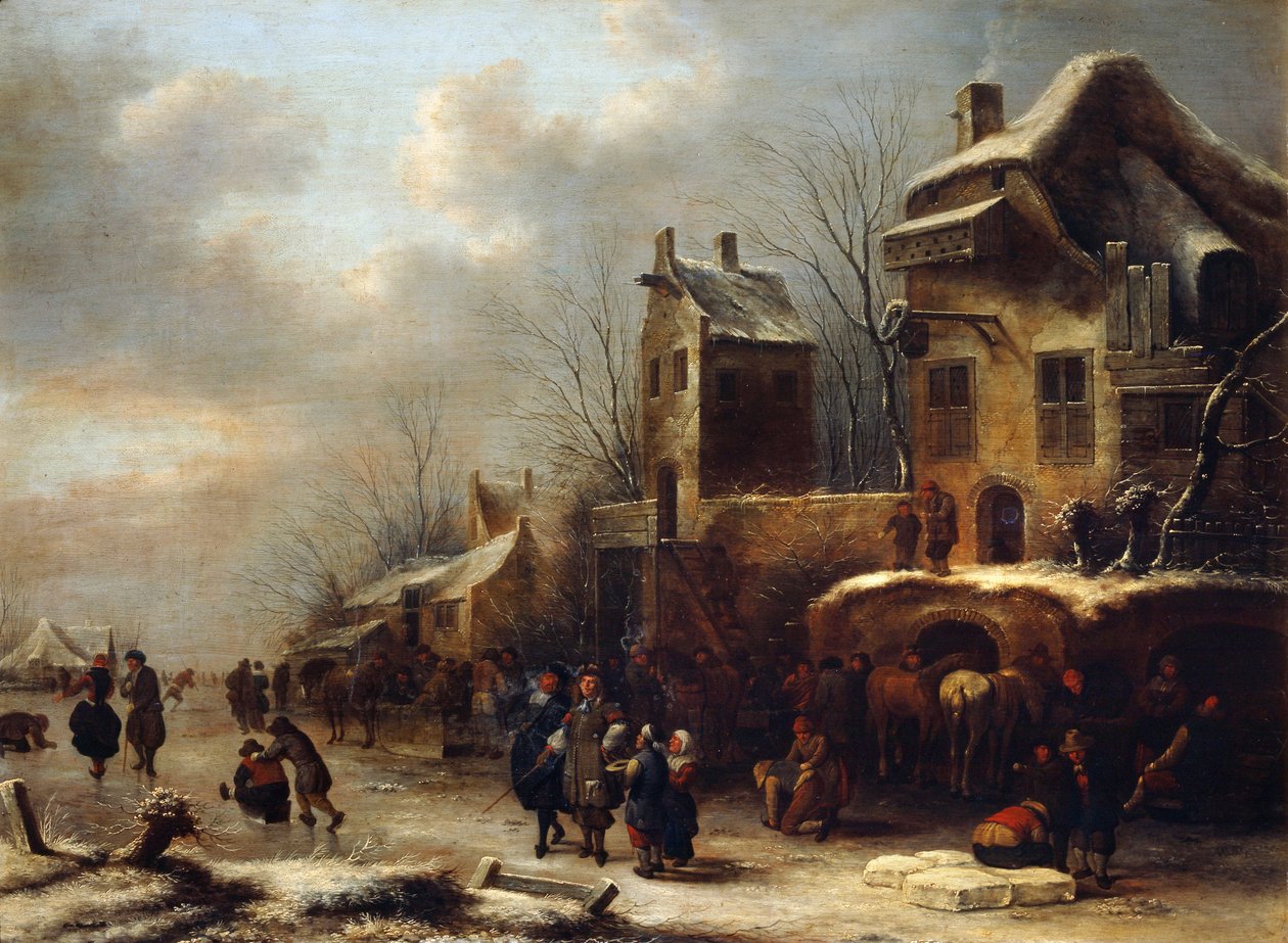 Skøjtebane ved en flod, 1665 af Klaes Molenaer