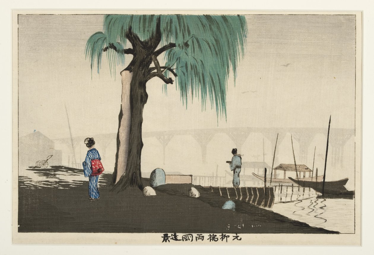 Fjernsyn over Ryogoku fra Motoyanagi-broen, 1880-82 (træblok) af Kobayashi Kiyochika