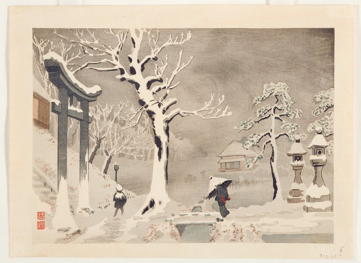 Snescene under dæmningen ved Mimeguri-helligdommen, Mukojima, ca. 1915 (træblok) af Kobayashi Kiyochika