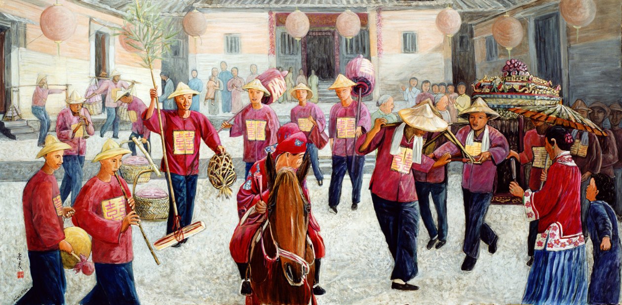 Traditionelt bryllup, 1997 (gouache på silke) af Komi Chen