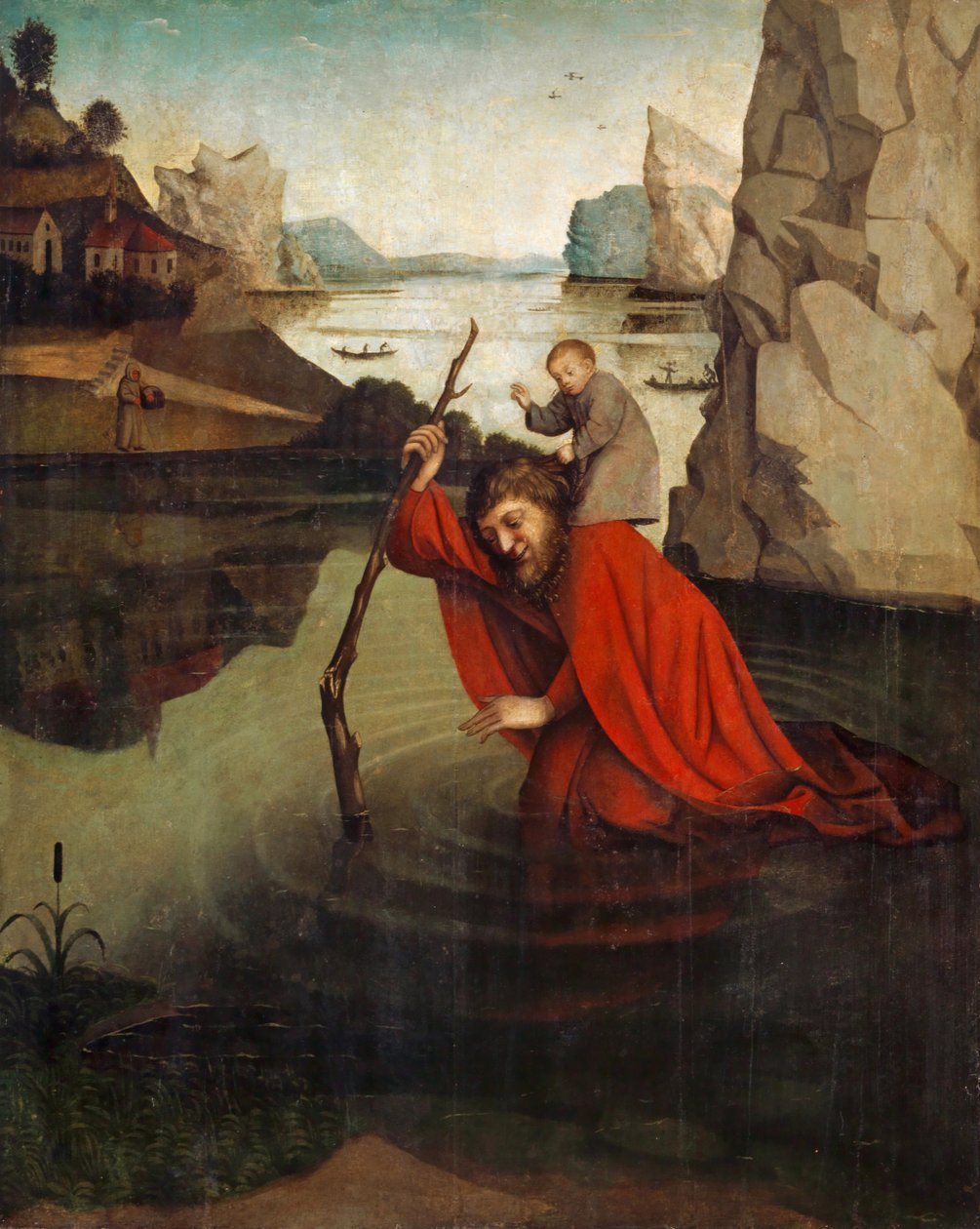 St. Christopher bærer Kristusbarnet (tempera på panel) af Konrad Witz