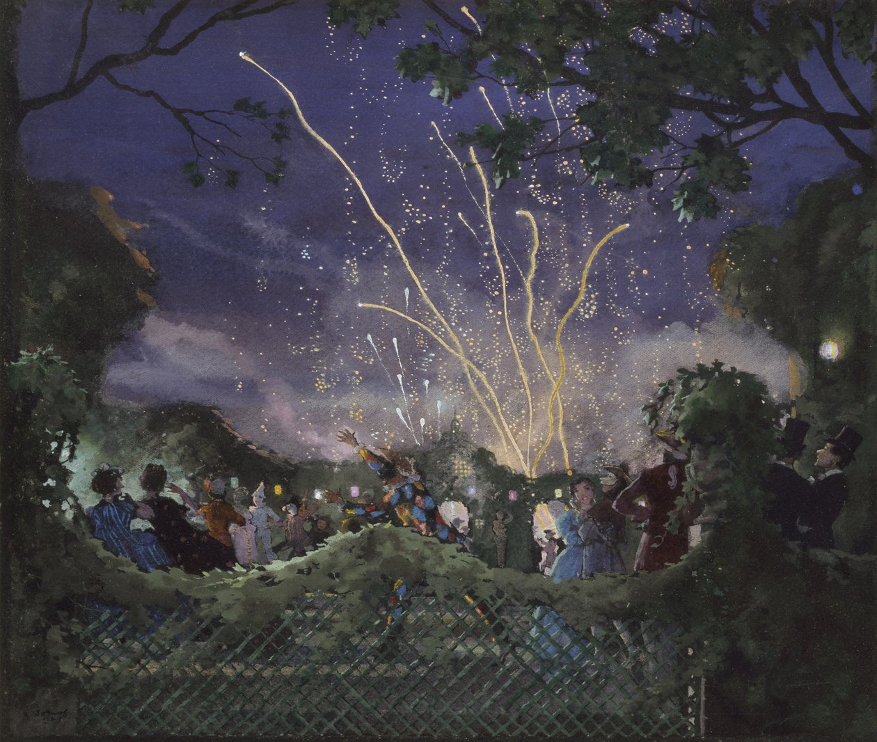 Fyrværkeri, 1929 (Kropsfarve på sort vævet papir) af Konstantin Andreevic Somov