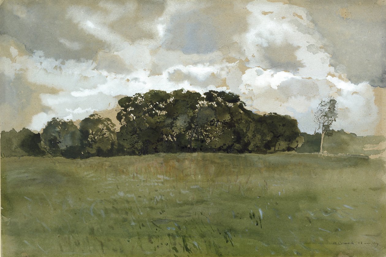 Landskab med grå skyer, 1897 (akvarel og kropsfarve over spor af grafit på brunpapir) af Konstantin Andreevic Somov