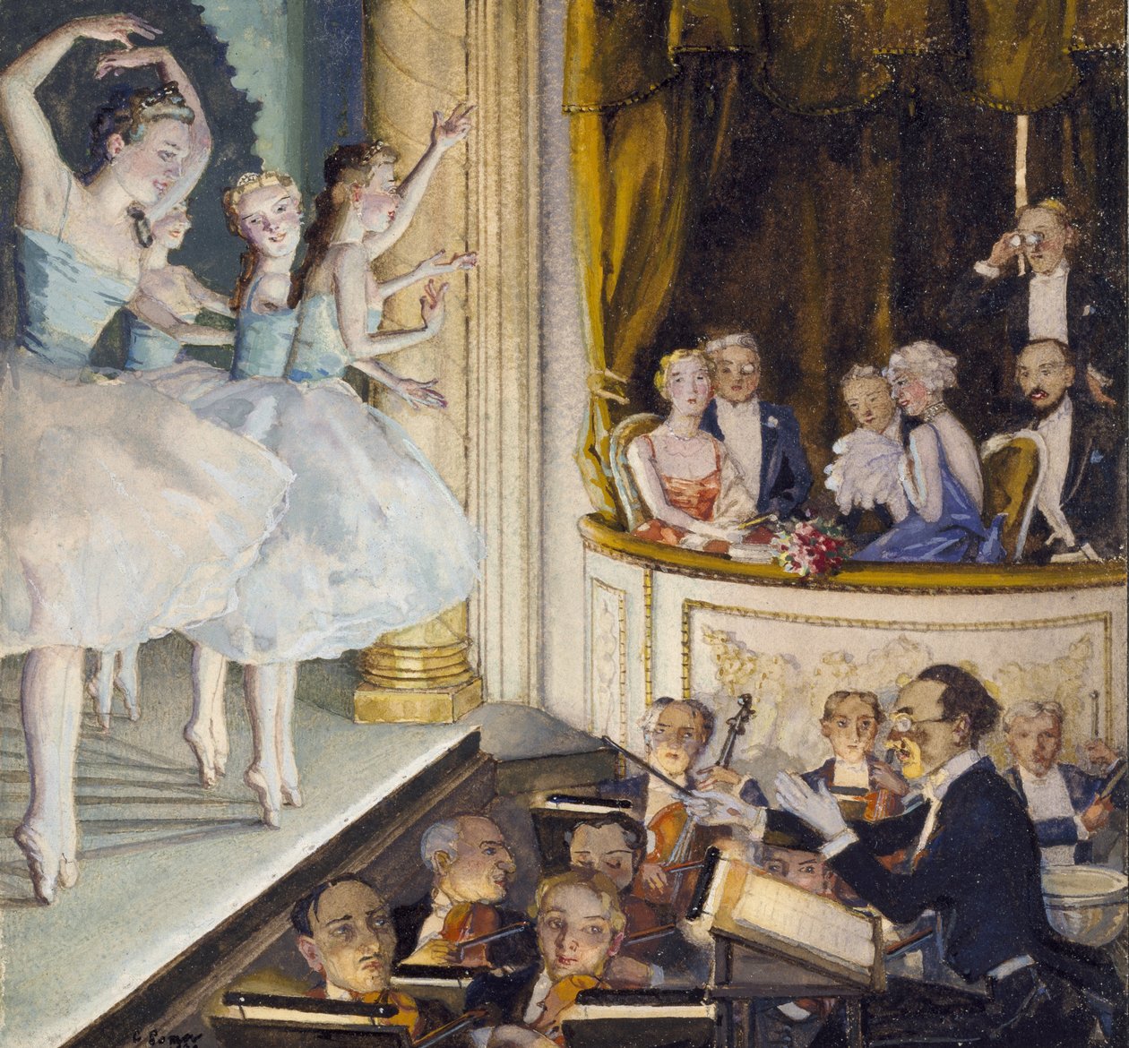 Russisk ballet, 1930 (kropsfarve inden for en afgrænset kant med sort blæk på cremefarvet papir) af Konstantin Andreevic Somov