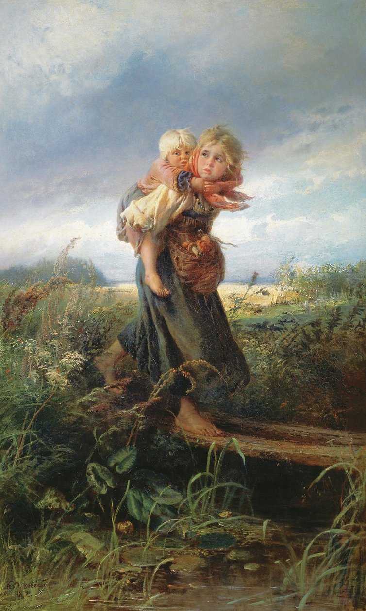 , Engelsk: Børn, der løber fra tordenvejr af Konstantin Egorovich Makovsky