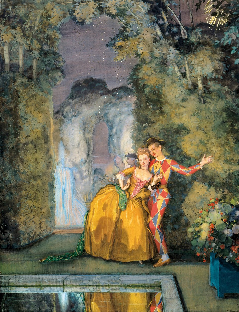 Tjenestepige med harlekin, ca. 1900 (akvarel) af Konstantin Andreevic Somov