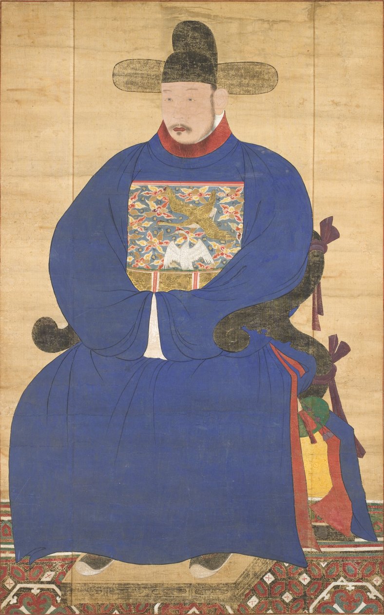 Portrait of a Meritorious Subject, 1700-tallet (hængende rulle monteret som panel, blæk og farve på silke) af Korean School