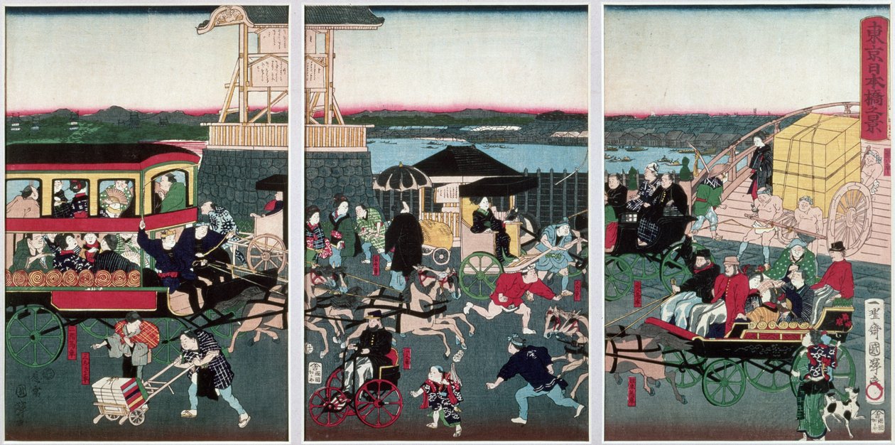 Udsigt over Nihonbashi i Tokyo, ca. 1870 (farvet træblok) af Kuniteru II Utagawa