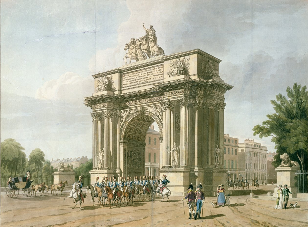 Udsigt over Wellington Arch (akvatint) af L. A. and Baxter, T. Atkinson