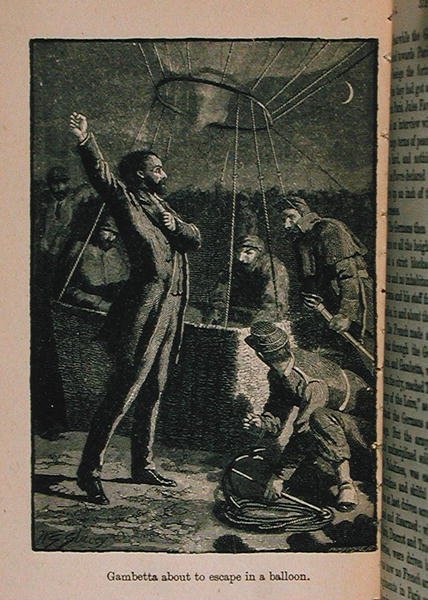 Gambetta ved at flygte i en ballon, illustration fra Little Arthurs History of France: From the Earliest Times to the Fall of the 2nd Empire, udgivet 1899 af Lady M. Chalcott