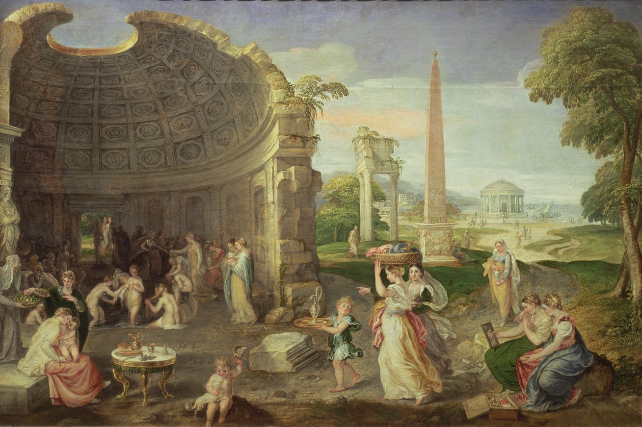 Landskab med klassiske ruiner og kvinder, der bader, ca. 1552-53 af Lambert Sustris