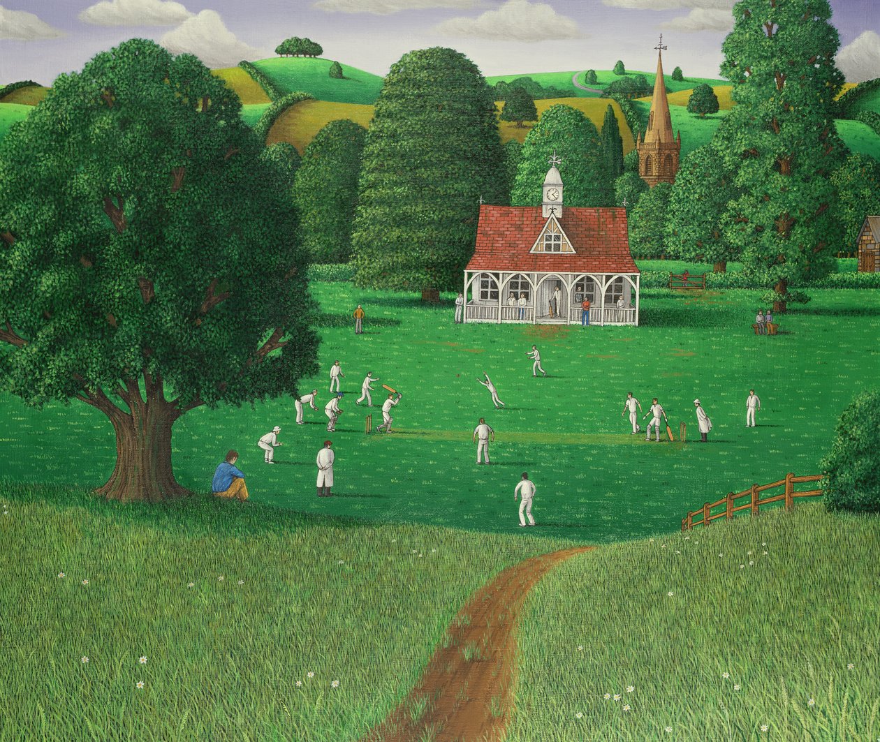 Cricketkamp i St. Marys Grange, Wilts, 1986 (akryl på linned) af Larry Smart
