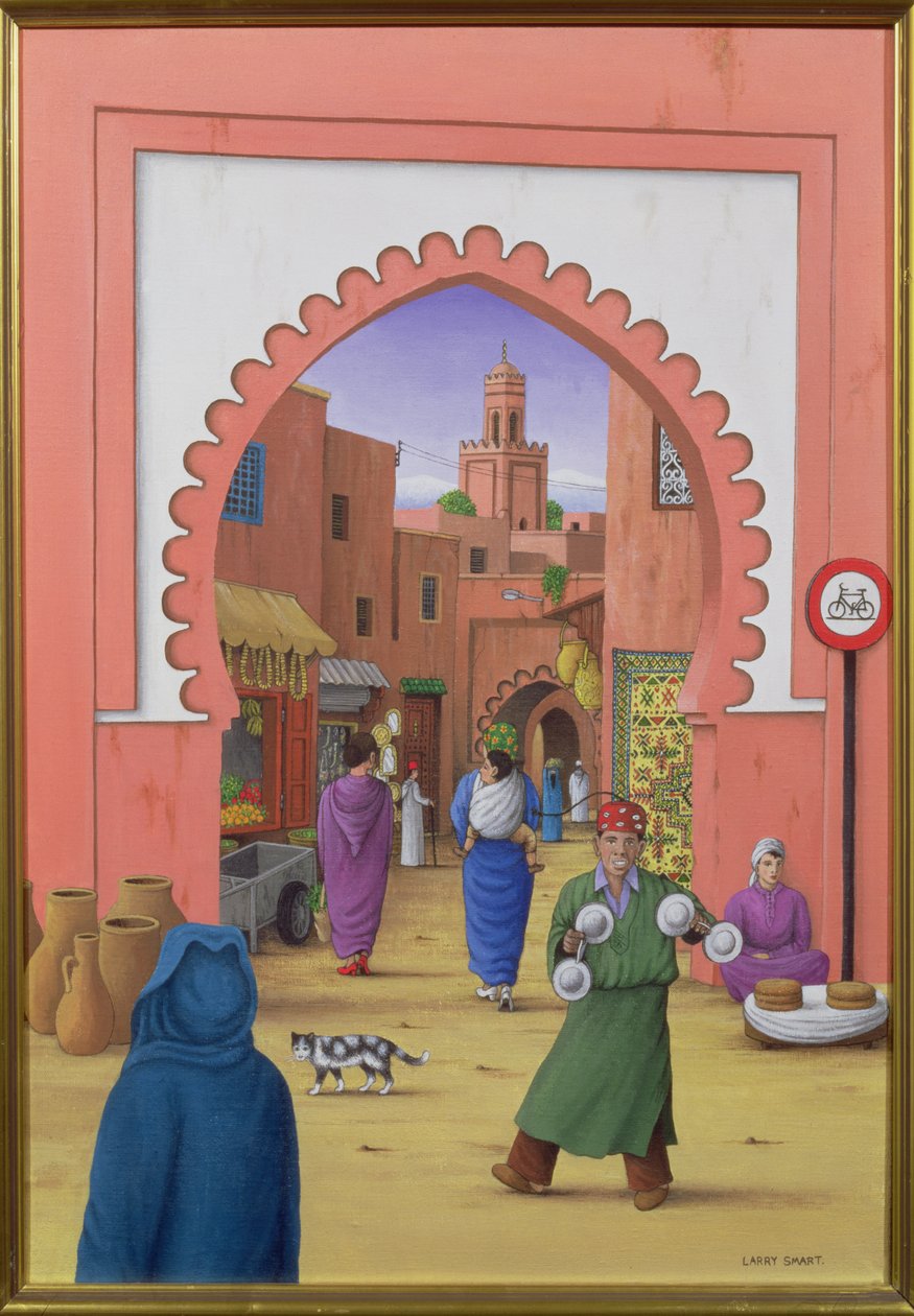 Gadescene i Marrakesh, 1992 (akryl på linned) af Larry Smart