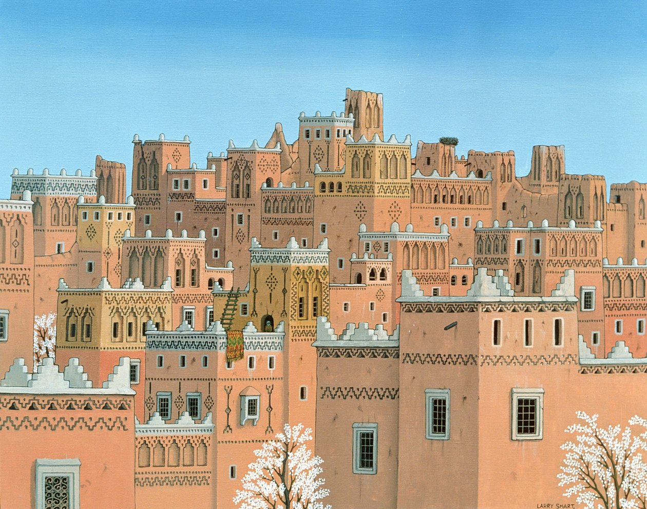 Village, det sydlige Marokko, 1998 (akryl på linned) af Larry Smart