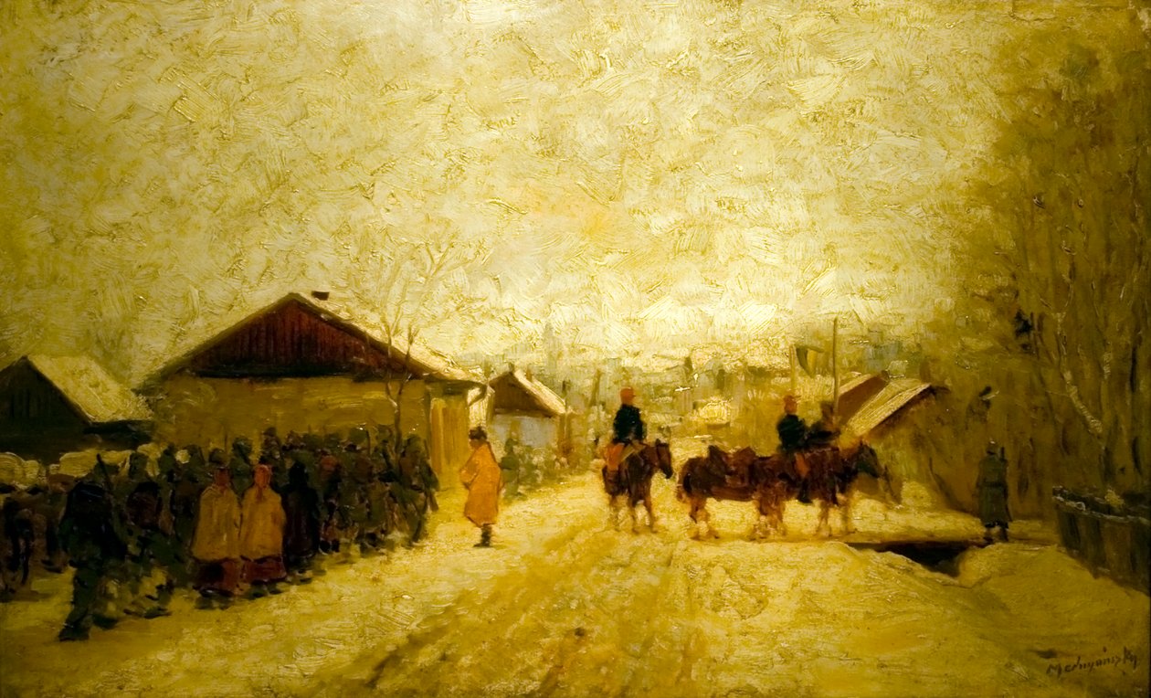 Teli tajban vonulo katonakn Engelsk: Marching_Soldiers_in_Winter_Landscapen af Laszlo Mednyanszky