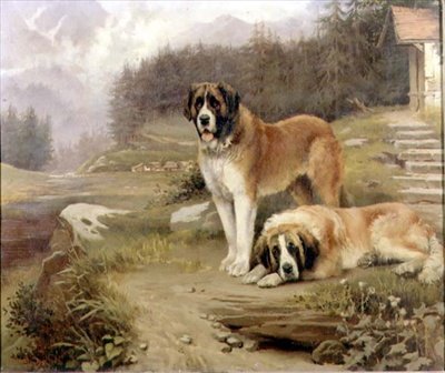 To St. Bernards i et alpelandskab af Leghe Suthers
