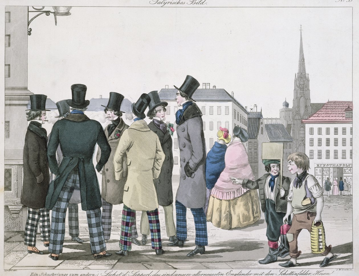 Elegante mænd iført skotske bukser på gaderne i Wien, indgraveret af J. W. Linke, ca. 1840 af Lempis
