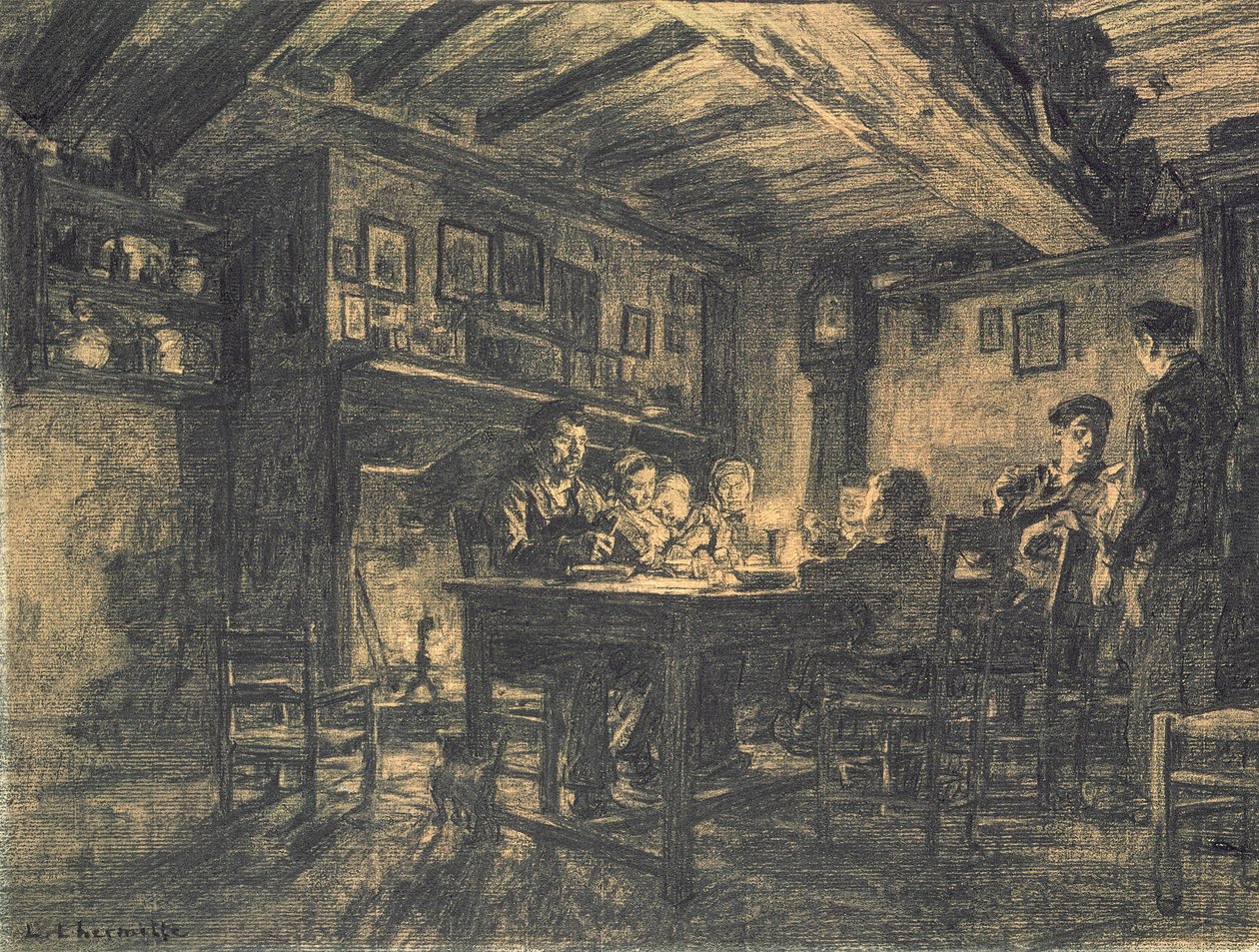 Familiemiddag om aftenen, 1883 (kul på papir) af Leon Augustin Lhermitte