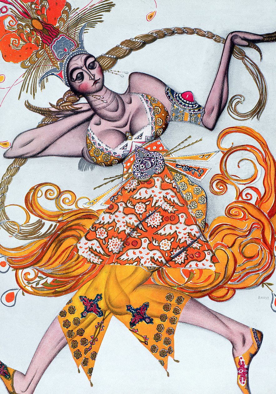 Kostumedesign til en pas de deux dansede ved åbningsgallaen for Diaghilev-balletten i 1909 af Leon Bakst