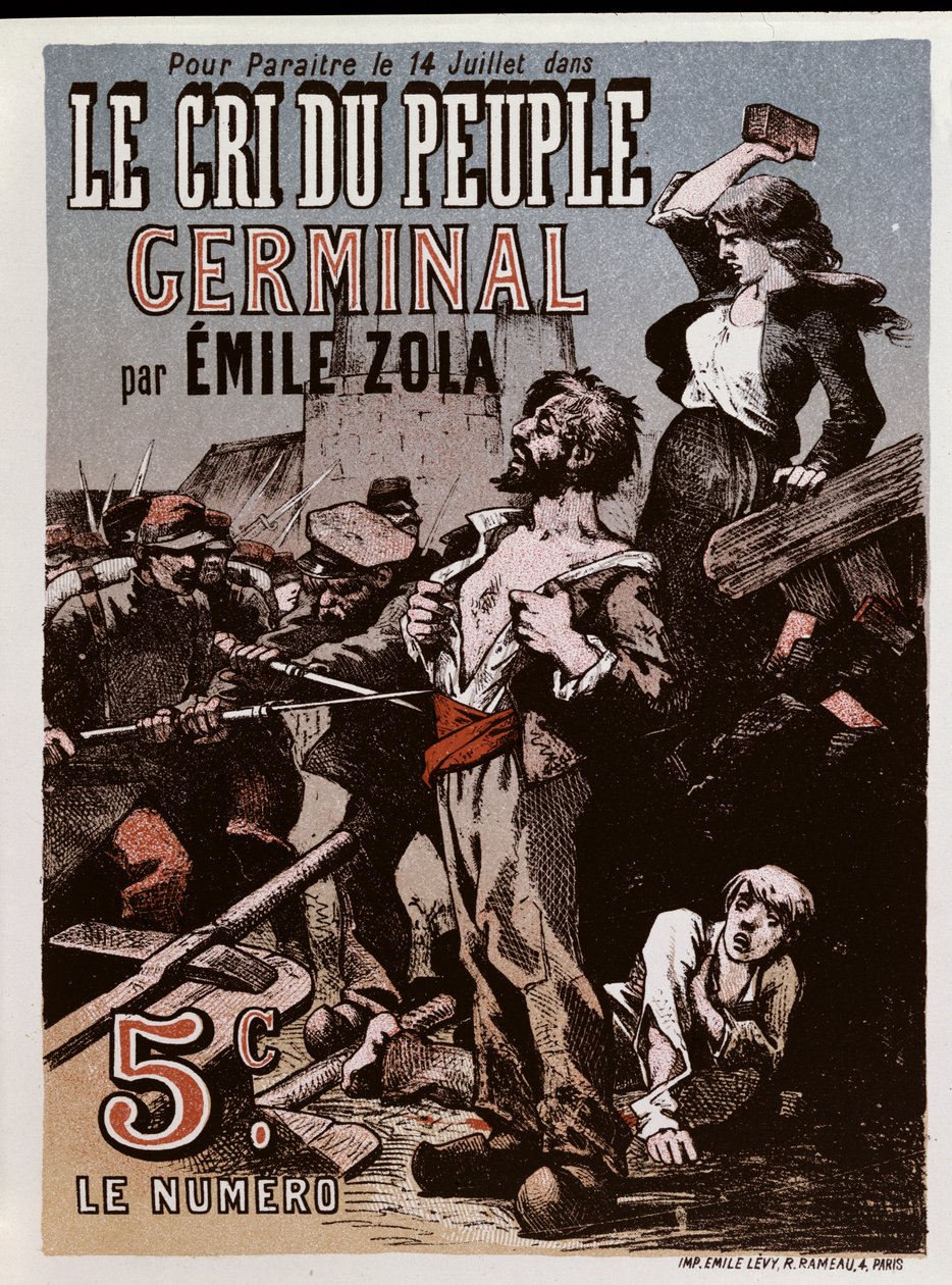 Plakat, der reklamerer for udgivelsen af "Germinal" af Emile Zola (1840-1902) i "Le Cri du Peuple af Leon Choubrac