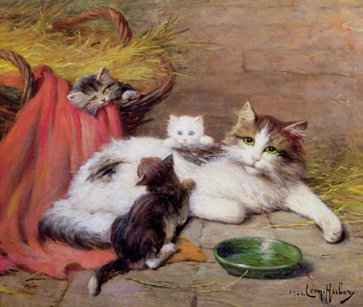 Kat med killinger, 1924 af Leon Charles Huber