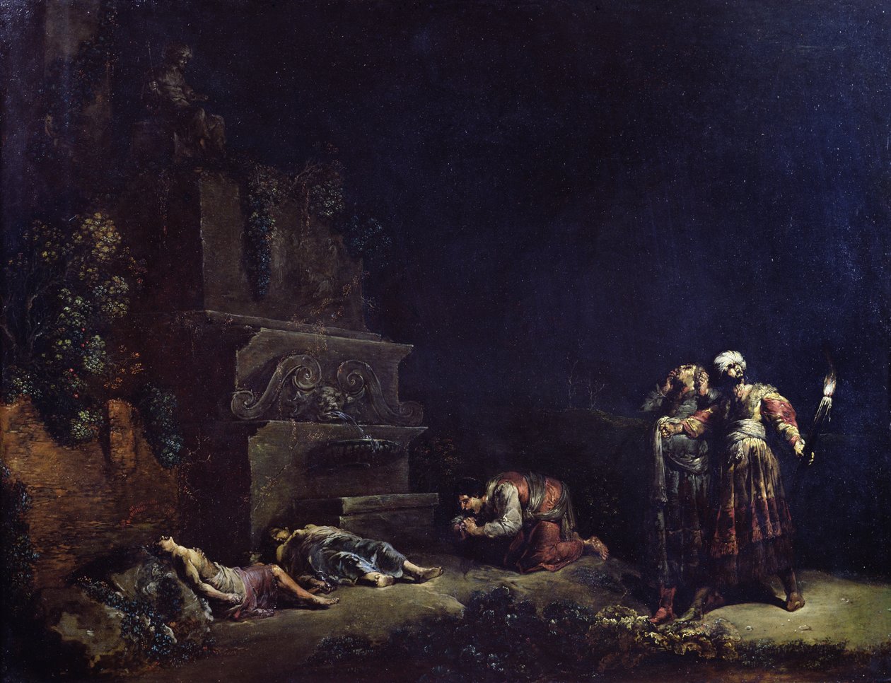 Opdagelsen af Pyramus og Thisbes kroppe, ca. 1630-35 (olie på kobber) af Leonard Bramer