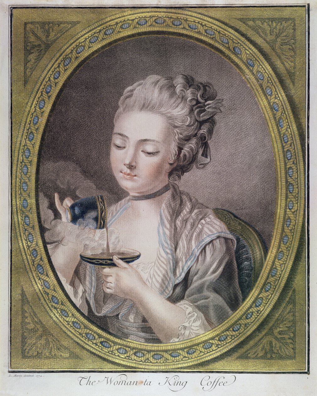 Kvinden tager kaffe, ca. 1774 (gravering med farvekridt, farvet og forhøjet med guld) af Leonardo Marini