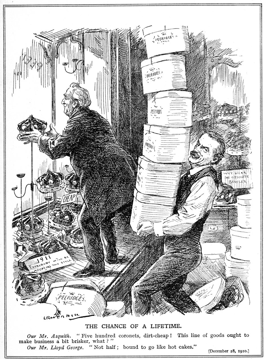 Asquith og Lloyd George forbereder sig på at skabe 500 yderligere jævnaldrende for at overvinde Overhusets modstand mod reformer, 1910 af Leonard Raven Hill