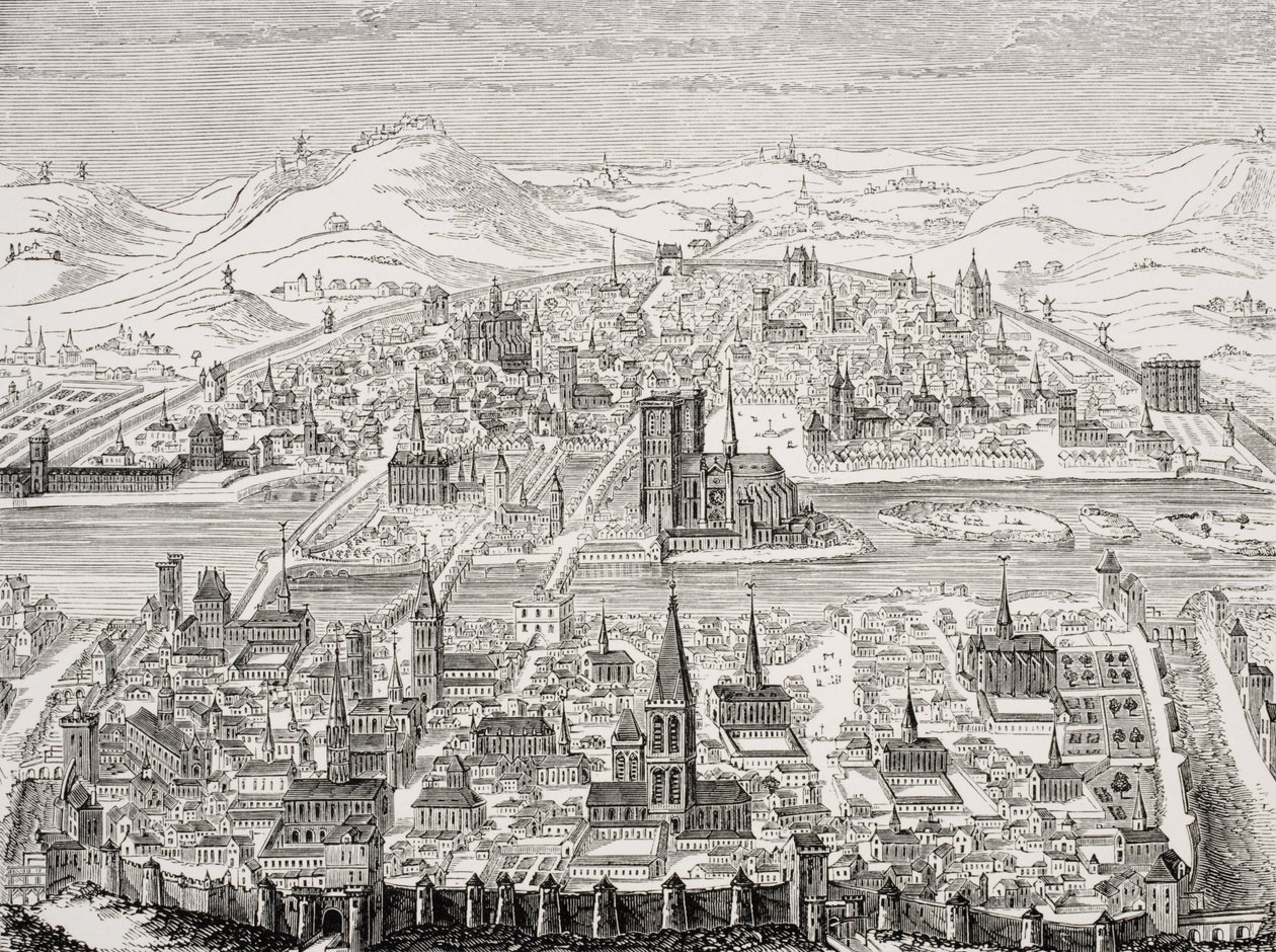 Faksimile af en kobberplade med perspektivisk udsigt over Paris i 1607 af Leonard after Gaultier