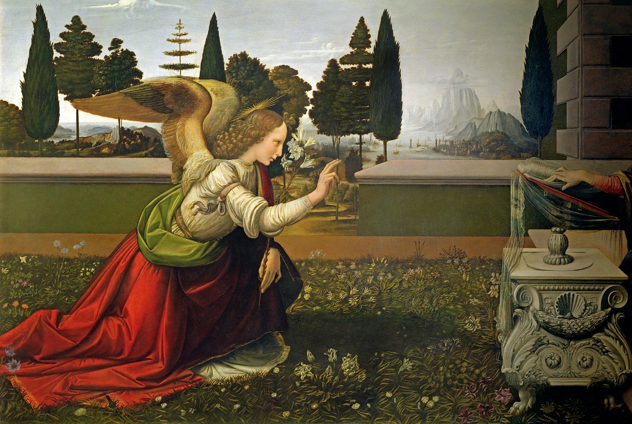Angel Gabriel, fra bebudelsen, 1472-75 (detaljer) (efter restaurering) af Leonardo da Vinci