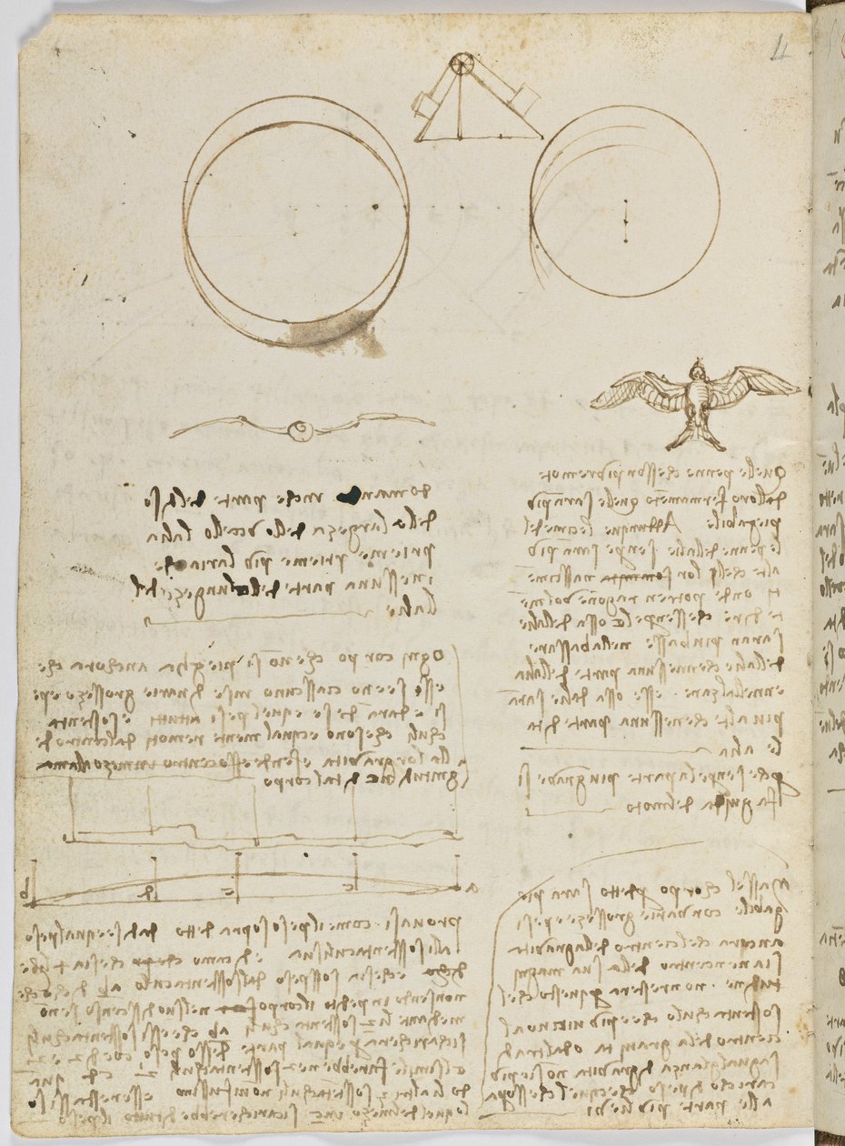Fugleflyvningskode, ca. 1505-06, papirmanuskript, cc. 18, ark 4 verso af Leonardo da Vinci
