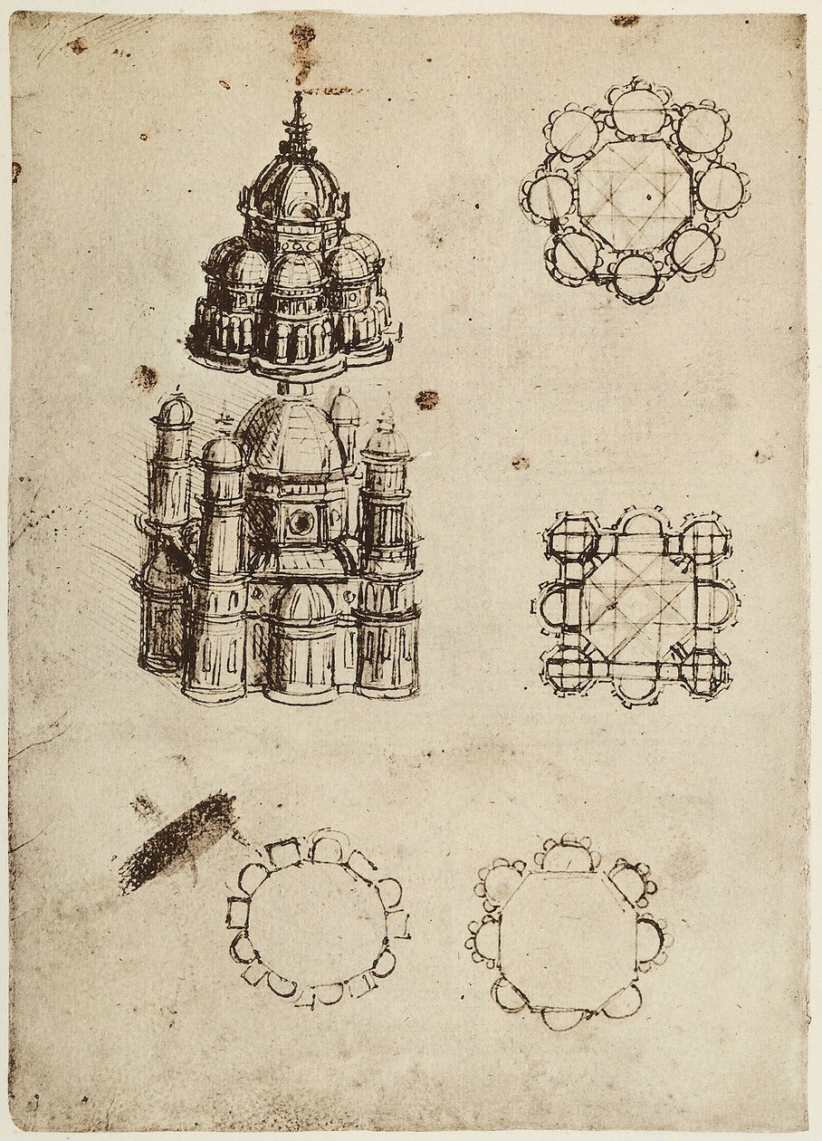 Centralt planlagte bygninger, tegning af Leonardo da Vinci, en del af Codex B (2173), c.25v, anbragt på Institut de France, Paris af Leonardo da Vinci