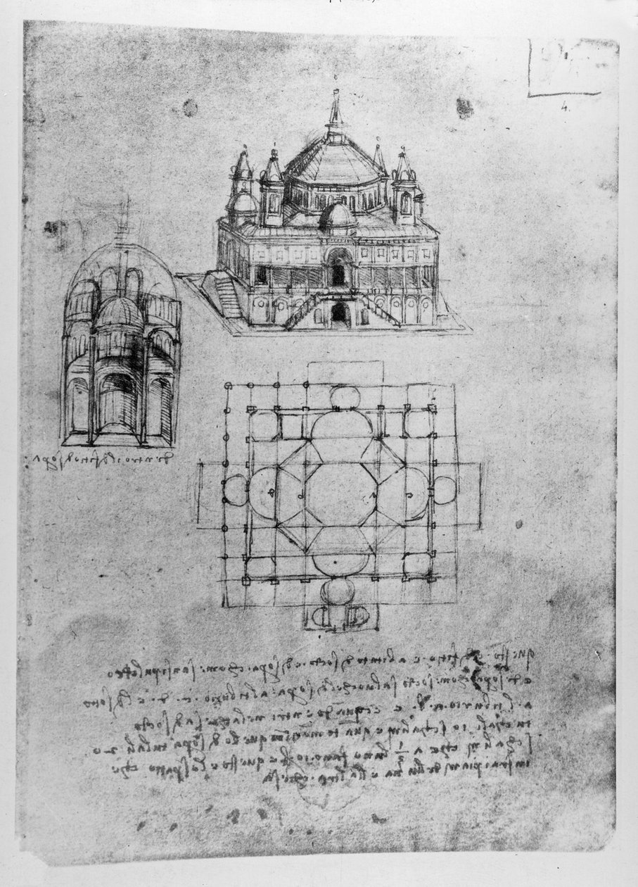 Design til en kirke, fol. 4r af Leonardo da Vinci
