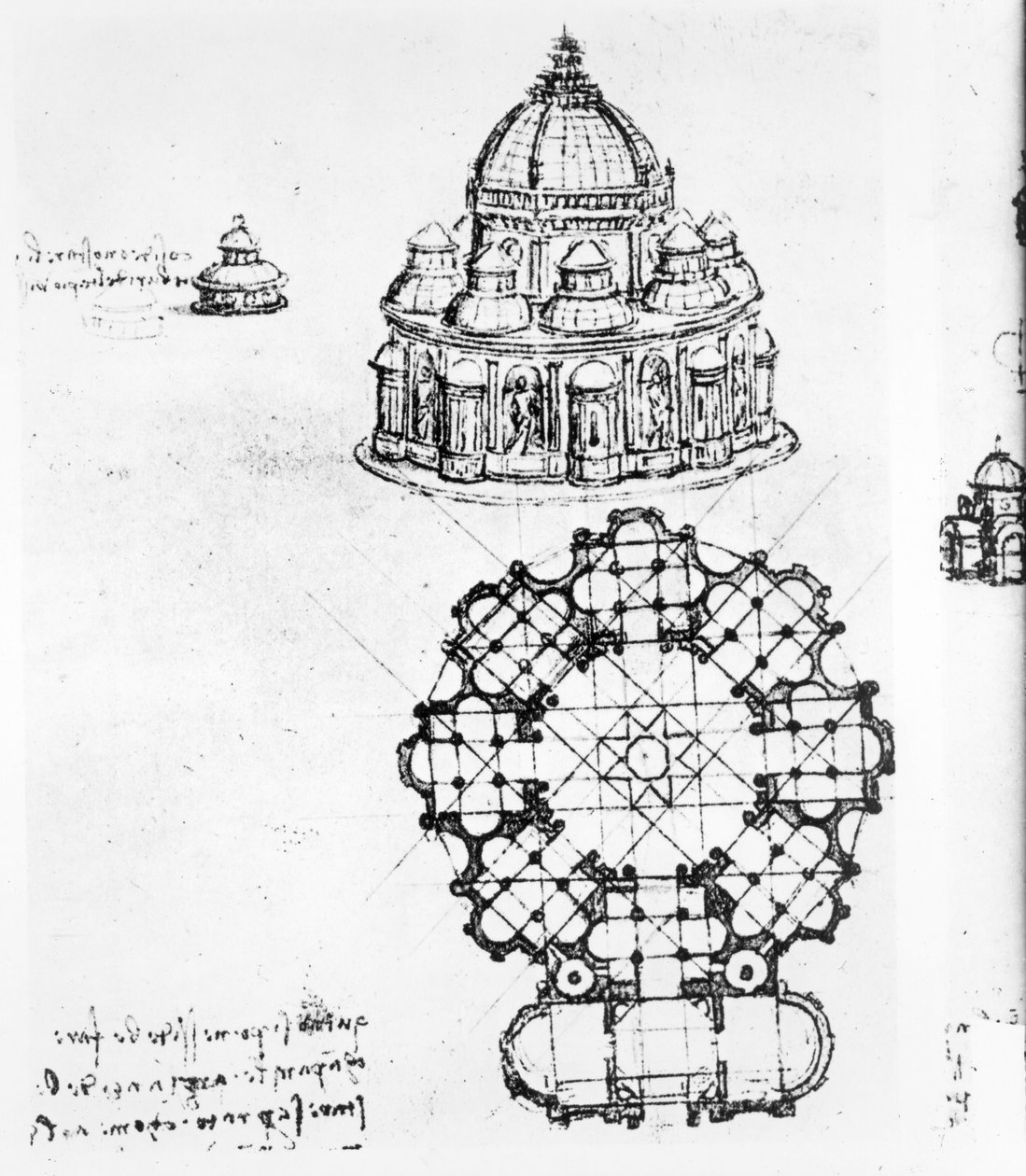 Detalje af en centraliseret kirke, c.1488 pen & blæk og vask over sort kridt af Leonardo da Vinci