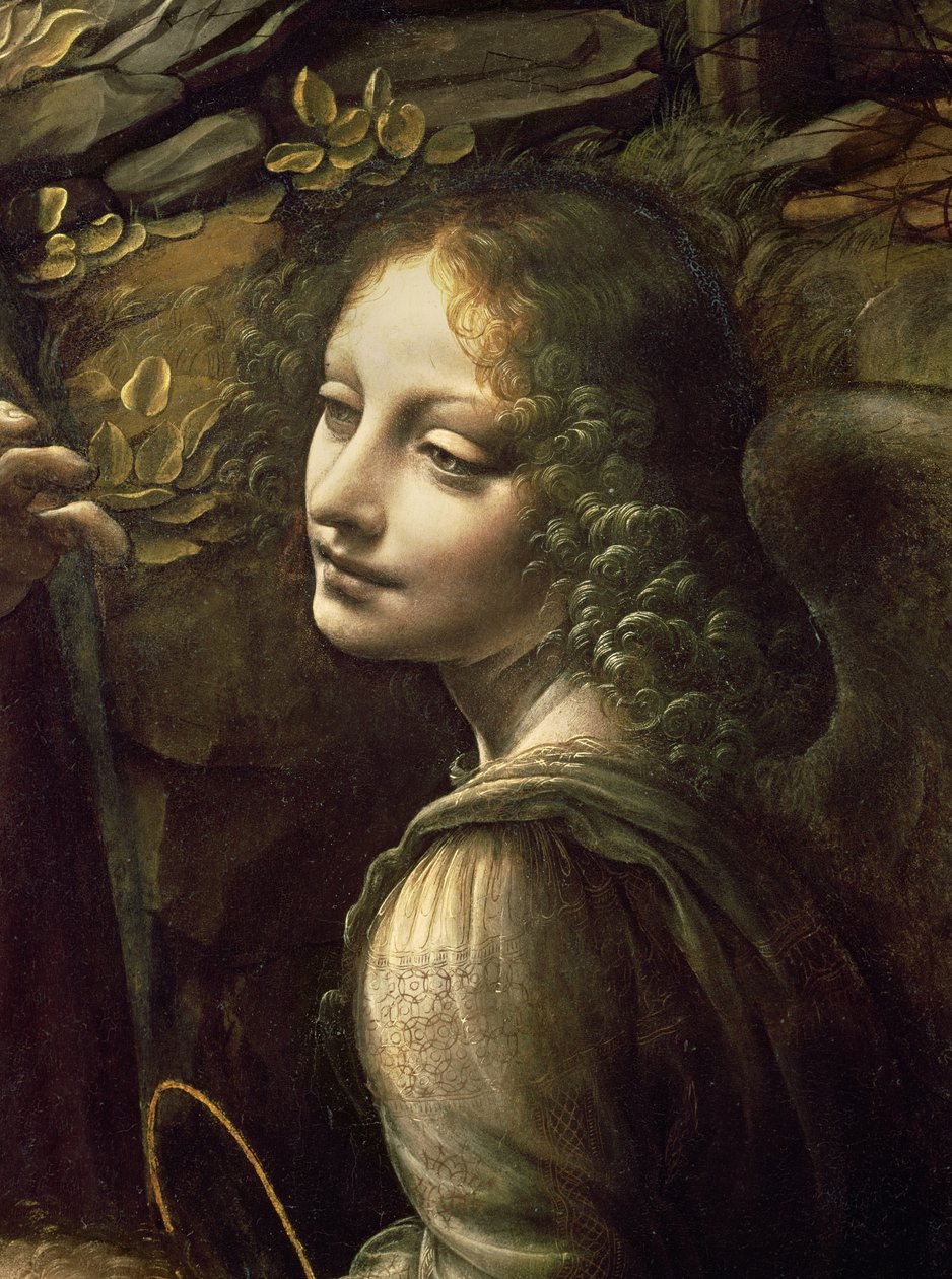 Detalje af englen, fra The Virgin of the Rocks (Jomfruen med spædbarnet St. John tilbeder spædbarnet Kristus ledsaget af en engel), ca. 1508 af Leonardo da Vinci