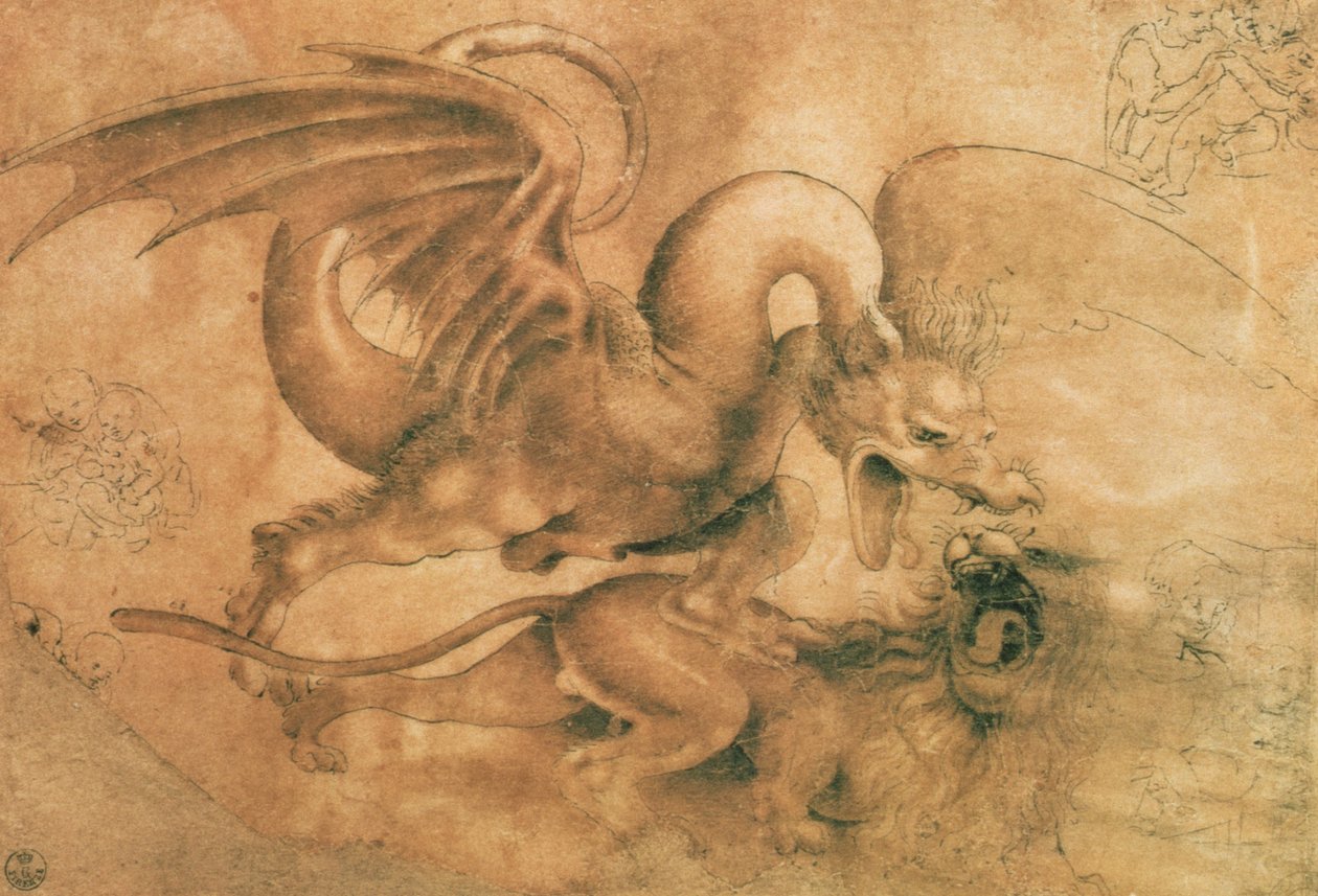 Kamp mellem en drage og en løve (brun blæk med vask på papir) af Leonardo da Vinci