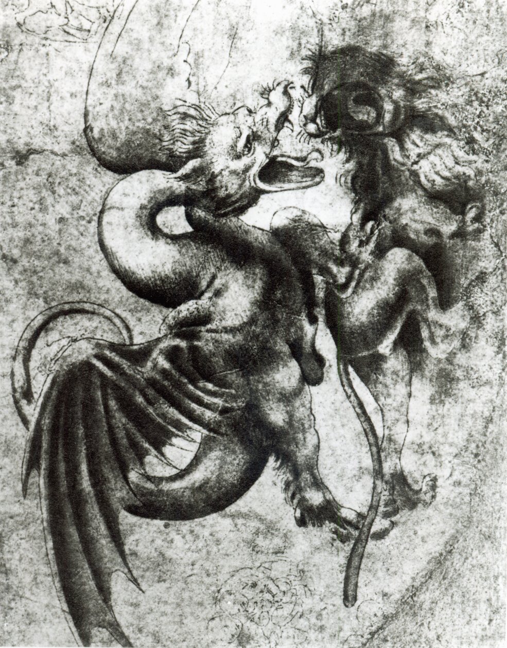 Kamp mellem en drage og en løve (brunt blæk med vask på papir) af Leonardo da Vinci