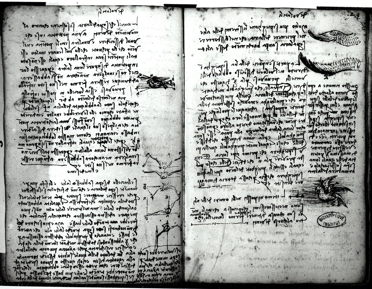 Paris Manuskript E, fol. 22v og 23r: Skitse af fuglenes flugt, 1513-14 af Leonardo da Vinci