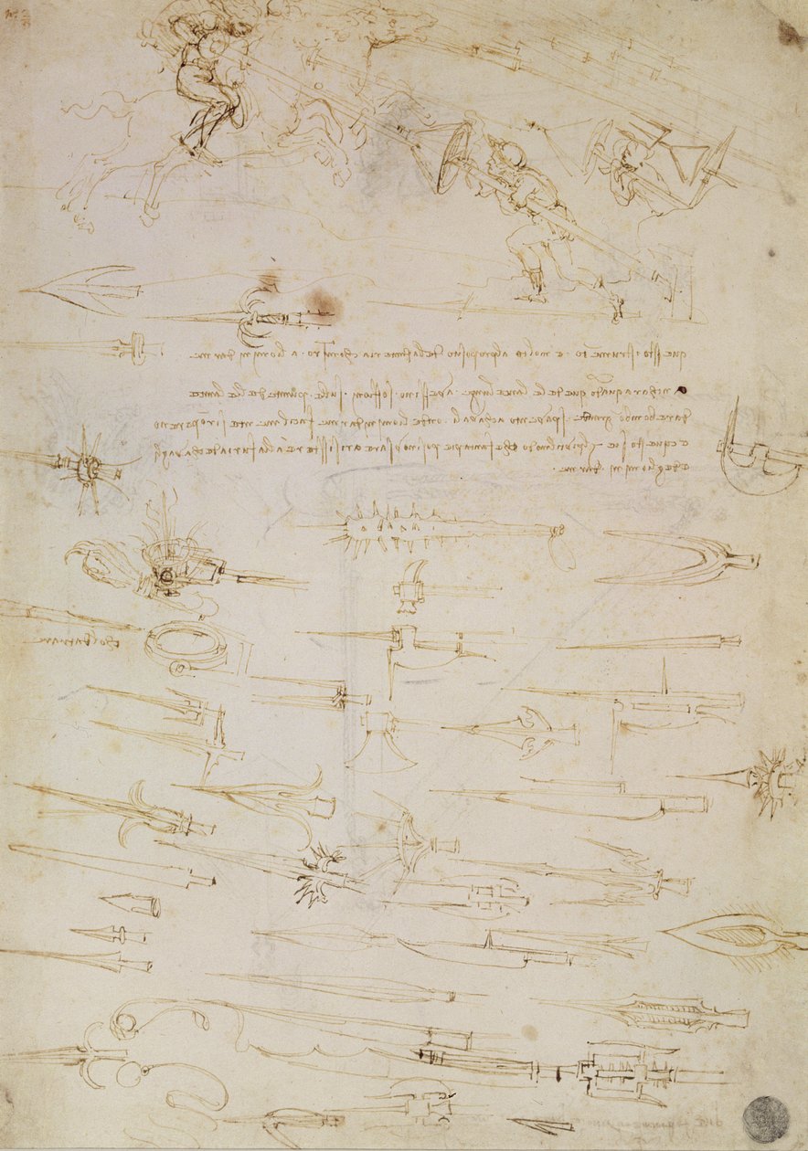 Ark med studier af fodsoldater og ryttere i kamp og halbarder, 1485-1488 (pen og blæk på papir) af Leonardo da Vinci