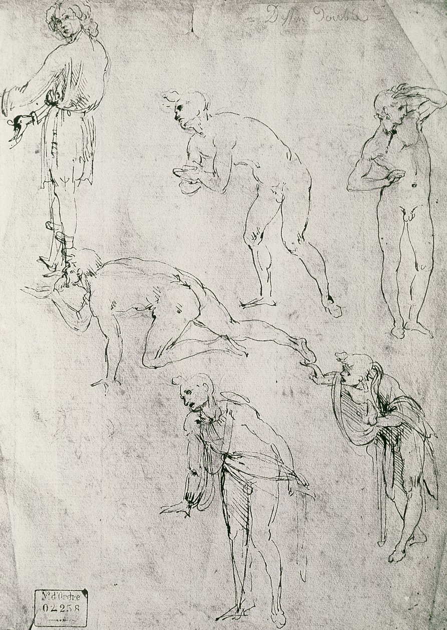 Seks figurer, studie til en helligtrekonger (pen og blæk på papir) af Leonardo da Vinci